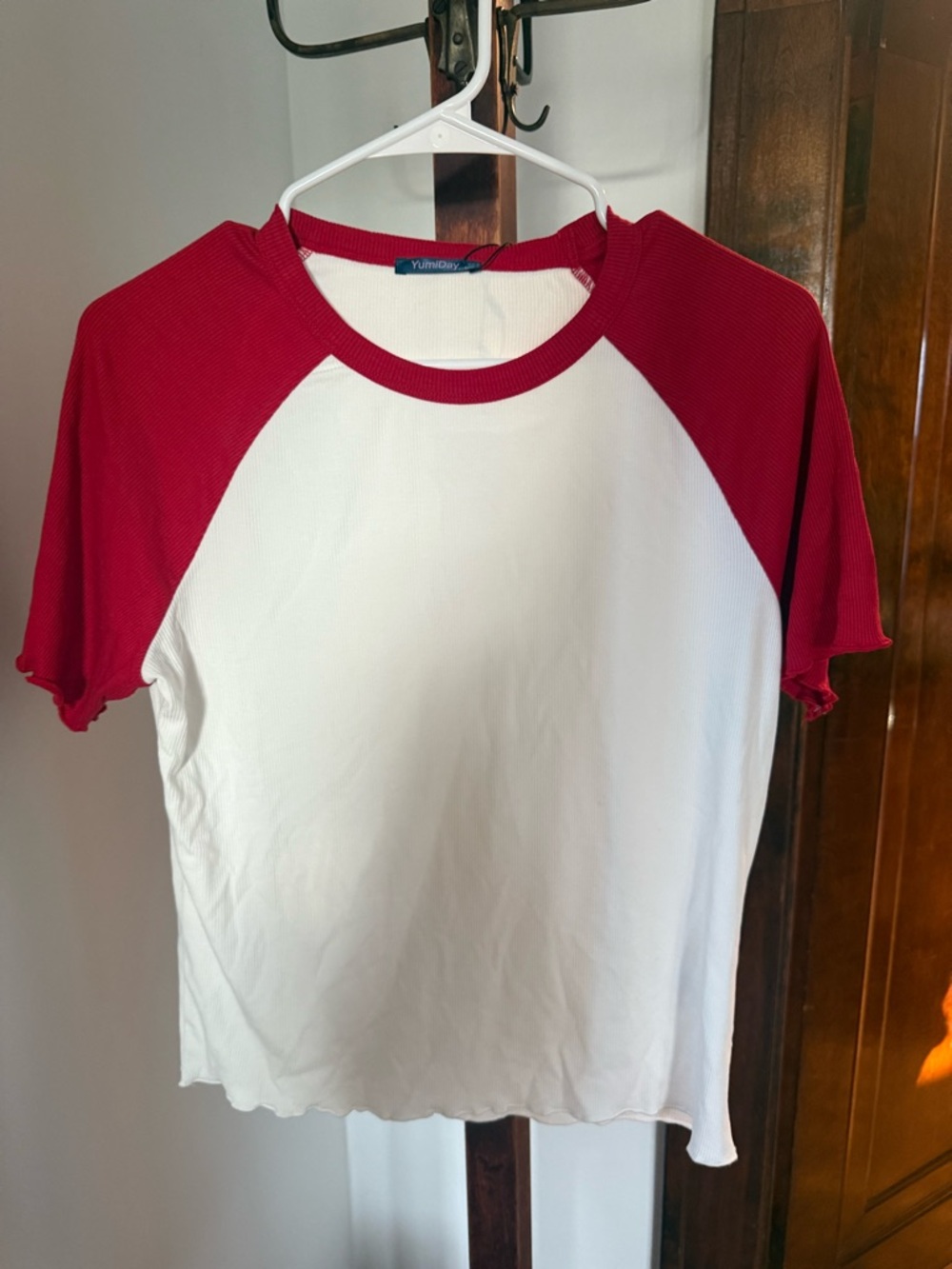 Amazon White and Red Raglan Short Sleeve Tee